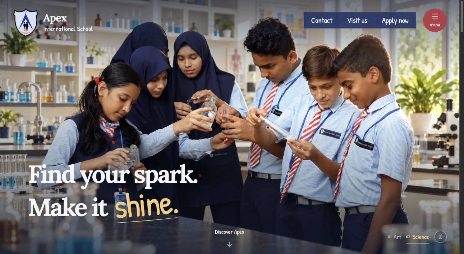 Apex school homepage showing pupils in a science lesson and links to contact, visit and apply
